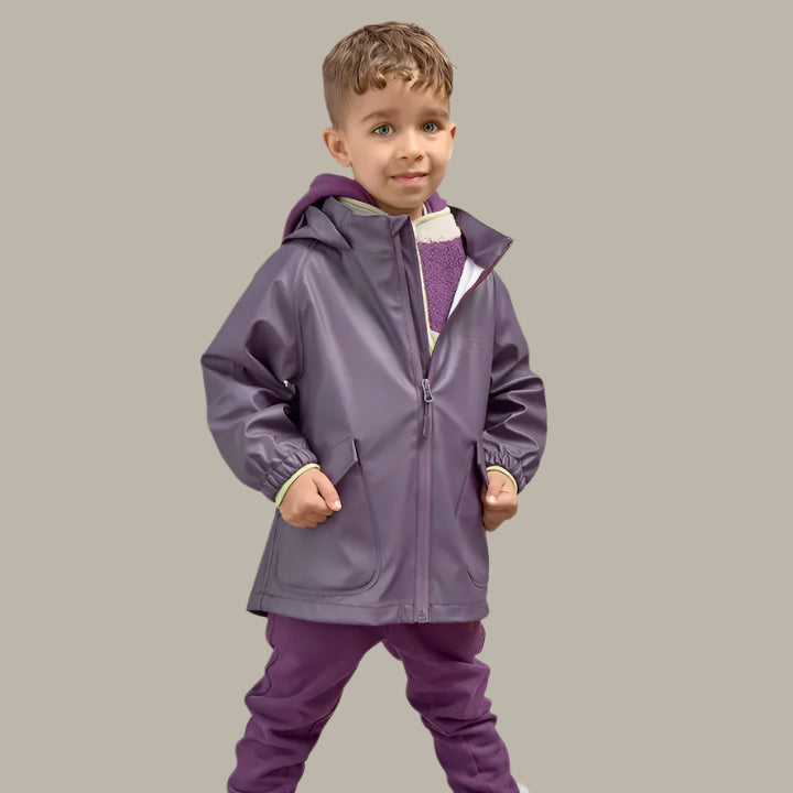 Boy wearing a purple Rain Jacket jacket with a hood and pockets