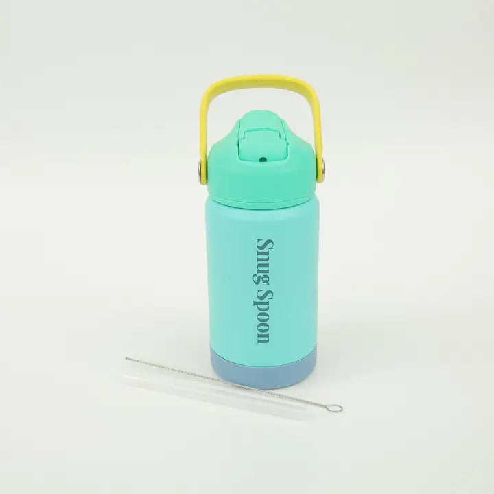 Turquoise water bottle with yellow handle on a white background
