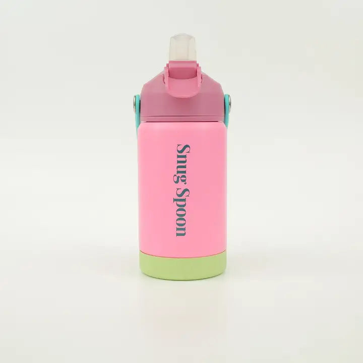 Pink water bottle with green base and white lid on a white background