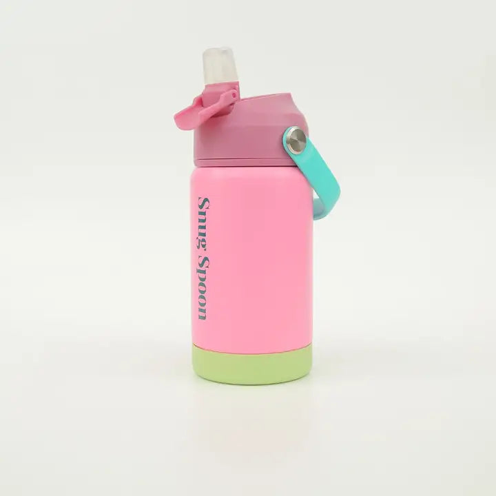 Pink water bottle with a green base and white cap on a light gray background