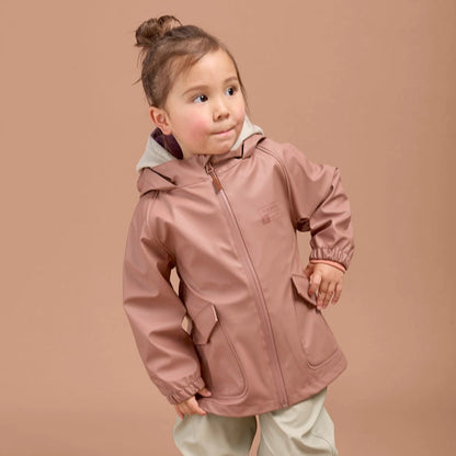 Child wearing a pink Rain Jacket jacket with a hood 