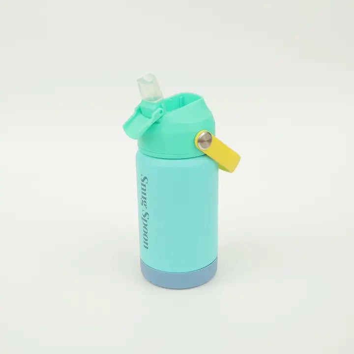 Turquoise water bottle with a yellow cap on a white background