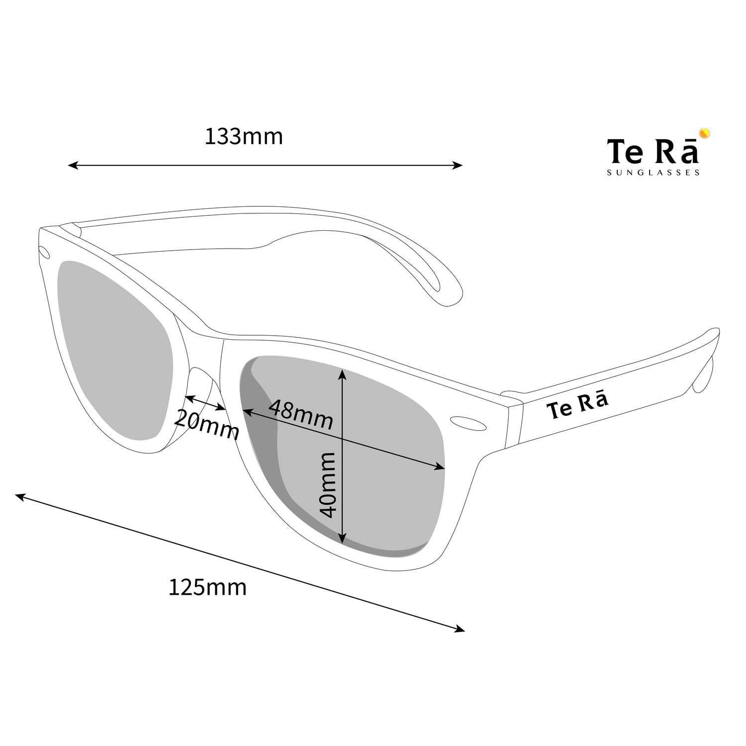 Measurement chart of Te Rá sunglasses with dimensions labeled.
