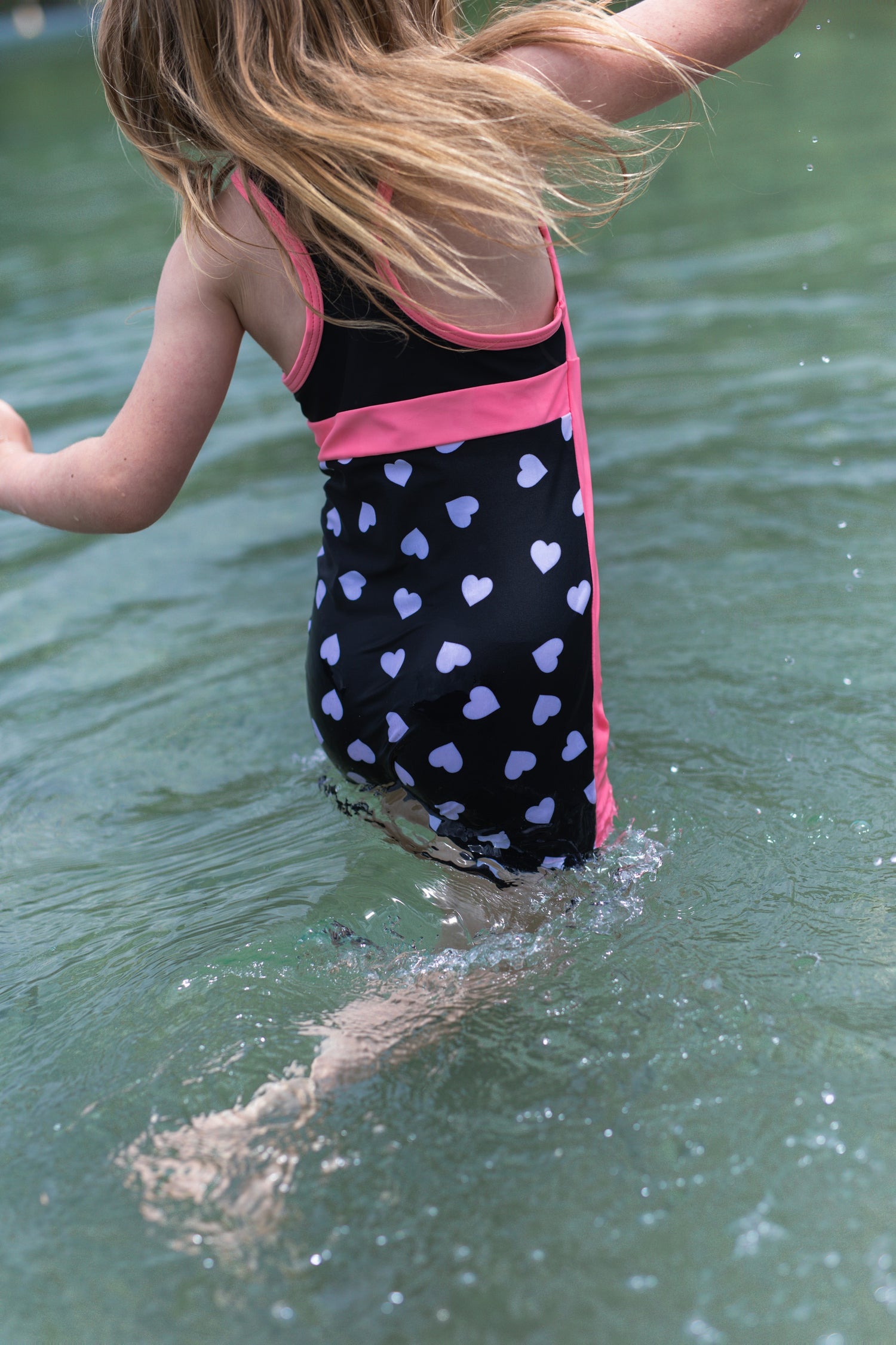 Girls One Piece Pink Hearts Racerback UPF 50+Swimsuit