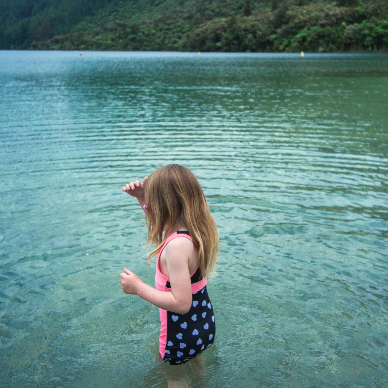 Girls One Piece Pink Hearts Racerback UPF 50+Swimsuit